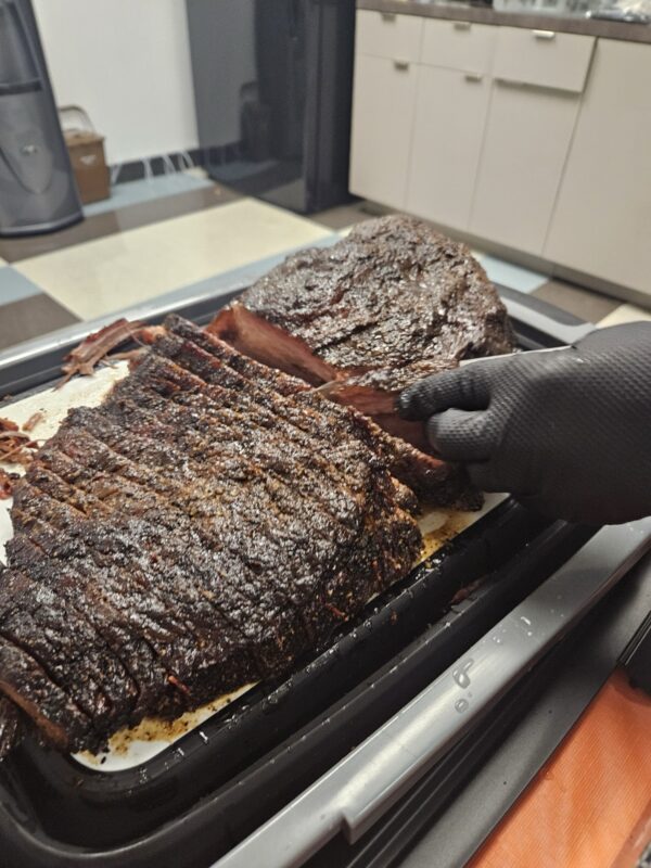 Slicing the brisket for the party