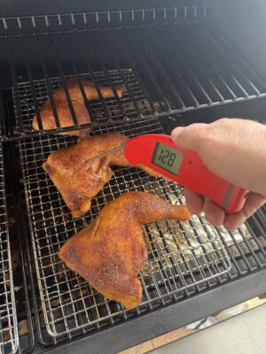 Taking the temperature periodically throughout the cook. This is at 45 minutes.